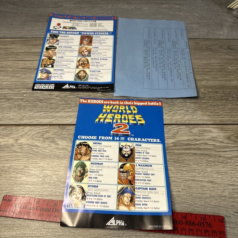 Neo Geo World Heroes 2 Arcade Move List & Dip Switch Sheets Blue White Excellent